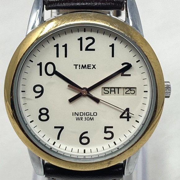 Timex Easy Reader Watch Men 35mm Gold Silver Tone Day Date Indiglo New Battery - Picture 2 of 16